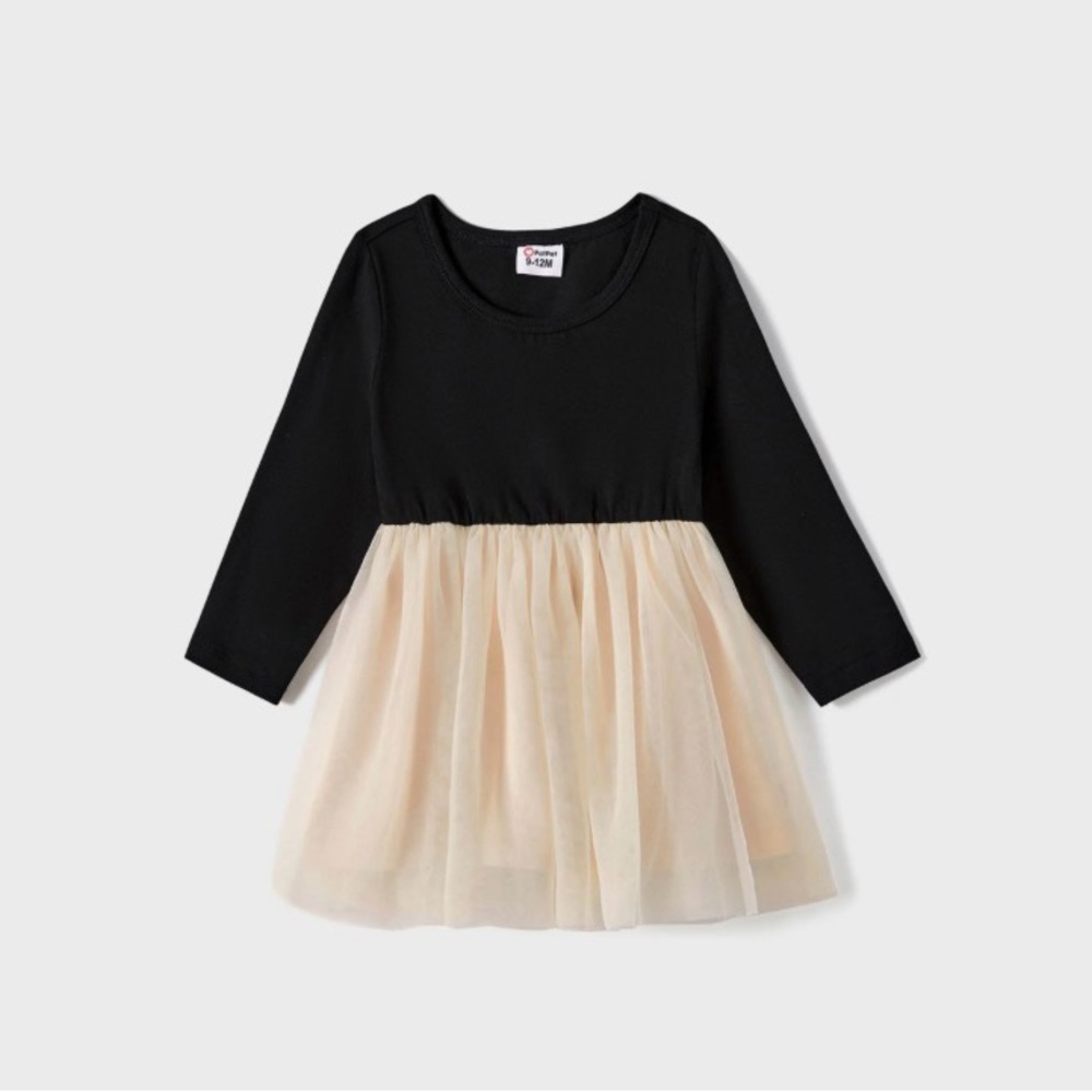 Black-Almond Mesh Girl Skirt and Classic Round Neck Long Sleeve Tops Black